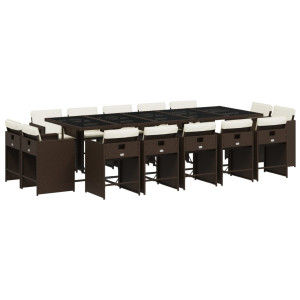 15 pcs conjunto jantar p/ jardim c/ almofadões vime PE castanho H