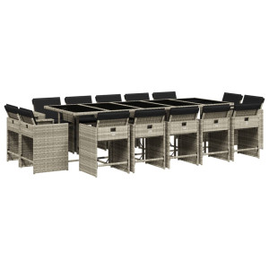 15 pcs conj. jantar jardim c/ almofadões vime PE cinzento-claro H