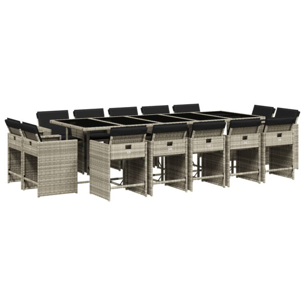 15 pcs conj. jantar jardim c/ almofadões vime PE cinzento-claro M 2