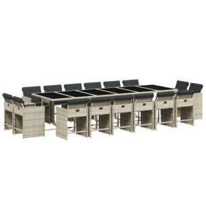 17 pcs conj. jantar jardim c/ almofadões vime PE cinzento-claro H