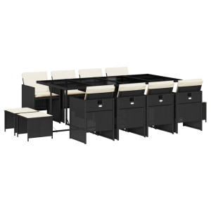 Set comedor de jardín con cojines 13 pzas ratán sintético negro H