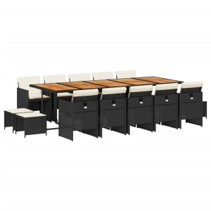 15 pcs conjunto de jantar p/jardim com almofadões vime PE preto H