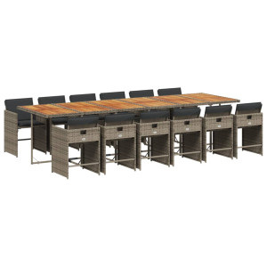 13 pcs conjunto jantar p/ jardim c/ almofadões vime PE cinzento H