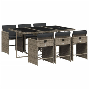 7 pcs conjunto de jantar p/ jardim c/ almofadões vime PE cinza H