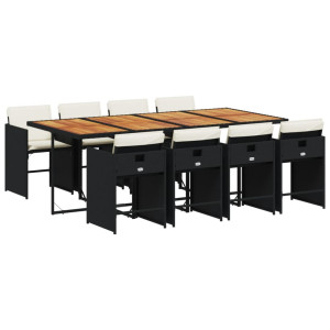 9 pcs conjunto de jantar p/ jardim c/ almofadões vime PE preto H