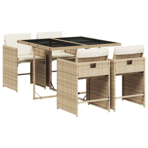 5 pcs conjunto de jantar p/ jardim com almofadões vime PE bege H