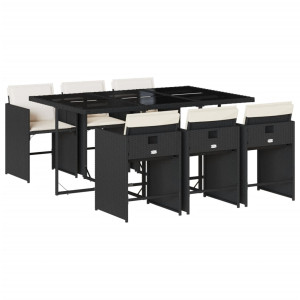 7 pcs conjunto de jantar p/ jardim c/ almofadões vime PE preto H