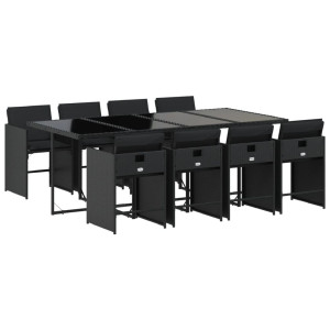 9 pcs conjunto de jantar p/ jardim c/ almofadões vime PE preto H