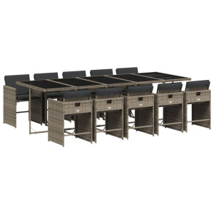 11 pcs conjunto jantar p/ jardim c/ almofadões vime PE cinzento H