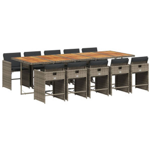 11 pcs conjunto jantar p/ jardim c/ almofadões vime PE cinzento H