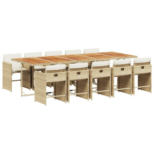 11 pcs conjunto de jantar p/ jardim com almofadões vime PE bege H