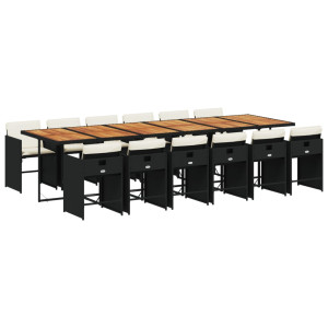 Set comedor de jardín con cojines 13 pzas ratán sintético negro H