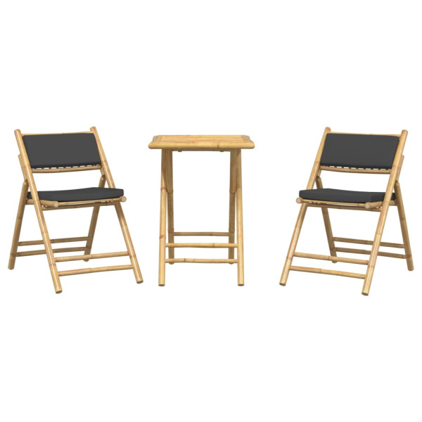 3 pcs conjunto bistrô dobrável c/ almofadões cinza escuro bambu M 4