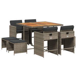 9 pcs conjunto de jantar p/ jardim c/ almofadões vime PE cinza H