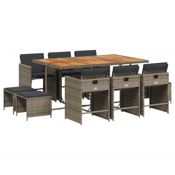 Set de comedor de jardín 11 pzas y cojines ratán sintético gris M 2