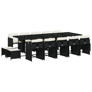 15 pcs conjunto de jantar p/jardim com almofadões vime PE preto H