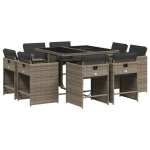 9 pcs conjunto de jantar p/ jardim c/ almofadões vime PE cinza H
