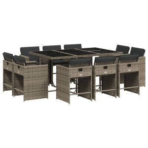 11 pcs conjunto jantar p/ jardim c/ almofadões vime PE cinzento H