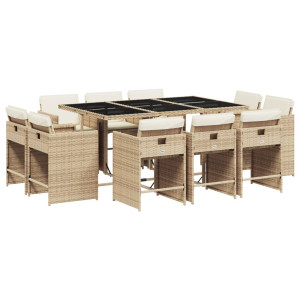 11 pcs conjunto de jantar p/ jardim com almofadões vime PE bege H