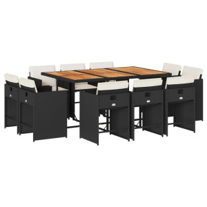 11 pcs conjunto de jantar p/ jardim c/ almofadões vime PE preto H