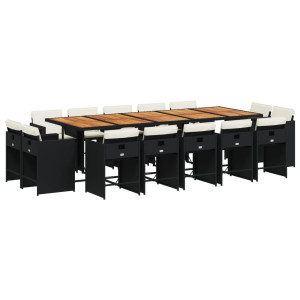 Set comedor de jardín con cojines 15 pzas ratán sintético negro H