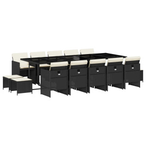 Set comedor de jardín con cojines 15 pzas ratán sintético negro H