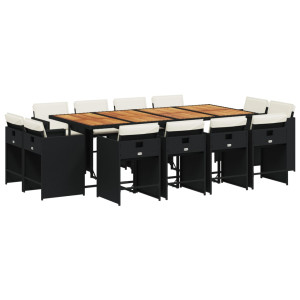 Set comedor de jardín con cojines 13 pzas ratán sintético negro H