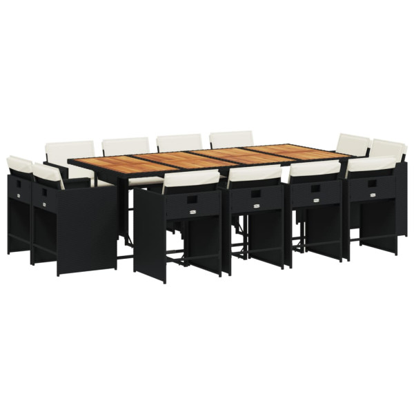 Set comedor de jardín con cojines 13 pzas ratán sintético negro M 2