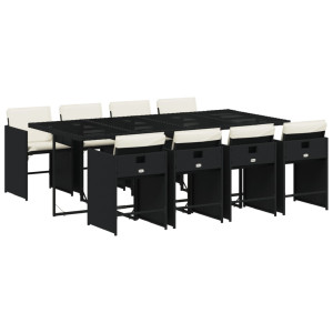 9 pcs conjunto de jantar p/ jardim c/ almofadões vime PE preto H