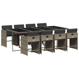 9 pcs conjunto de jantar p/ jardim c/ almofadões vime PE cinza H