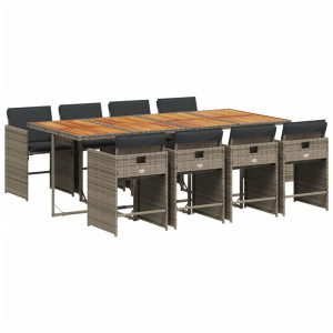 9 pcs conjunto de jantar p/ jardim c/ almofadões vime PE cinza H