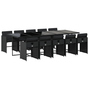 11 pcs conjunto de jantar p/ jardim c/ almofadões vime PE preto H