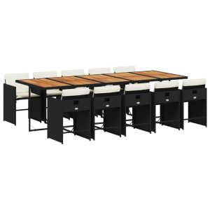 11 pcs conjunto de jantar p/ jardim c/ almofadões vime PE preto H