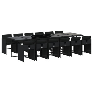 Set comedor de jardín con cojines 13 pzas ratán sintético negro H