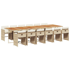 13 pcs conjunto de jantar p/ jardim com almofadões vime PE bege H
