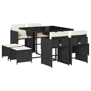 9 pcs conjunto de jantar p/ jardim c/ almofadões vime PE preto H