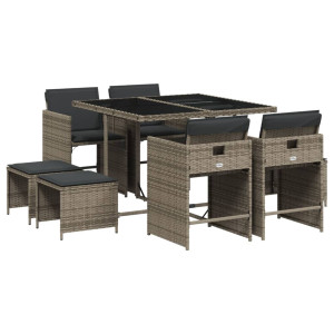 9 pcs conjunto de jantar p/ jardim c/ almofadões vime PE cinza H