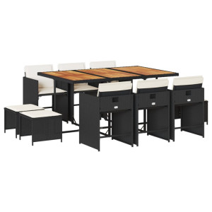 Set de comedor jardín 11 pzas con cojines ratán sintético negro H