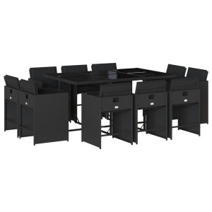 11 pcs conjunto de jantar p/ jardim c/ almofadões vime PE preto H