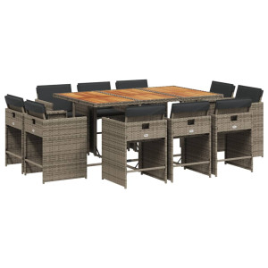 11 pcs conjunto jantar p/ jardim c/ almofadões vime PE cinzento H