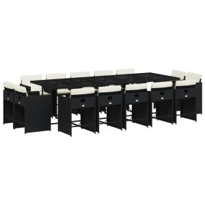 15 pcs conjunto de jantar p/jardim com almofadões vime PE preto H