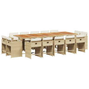 15 pcs conjunto de jantar p/ jardim com almofadões vime PE bege H