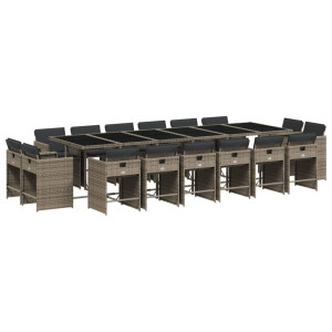 17 pcs conj. de jantar p/ jardim c/ almofadões vime PE cinzento H