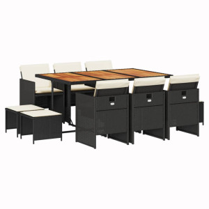 Set de comedor jardín 11 pzas con cojines ratán sintético negro H
