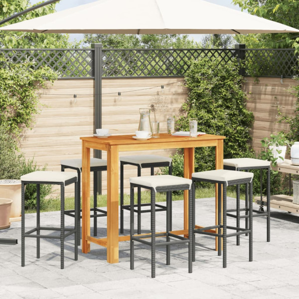 7 pcs conjunto de bar para jardim vime PE/acácia maciça preto M 3