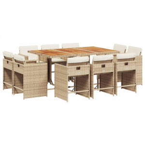 11 pcs conjunto de jantar p/ jardim com almofadões vime PE bege H