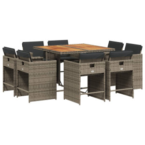 9 pcs conjunto de jantar p/ jardim c/ almofadões vime PE cinza H