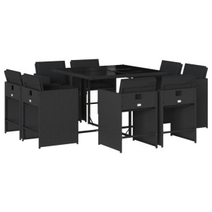 9 pcs conjunto de jantar p/ jardim c/ almofadões vime PE preto H