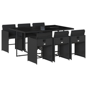 7 pcs conjunto de jantar p/ jardim c/ almofadões vime PE preto H
