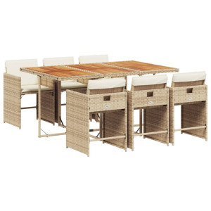 7 pcs conjunto de jantar p/ jardim com almofadões vime PE bege H